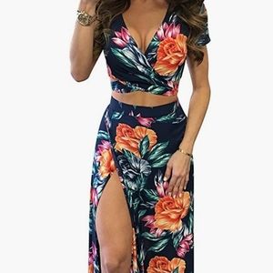 NWOT Floral Printed Side Slit Two-Piece Maxi.